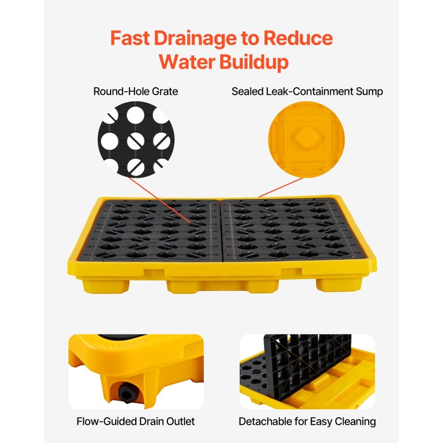 VEVOR Spill Containment Pallet, 4 Drum Low Profile Spill Containment Modular Platform, 117.4 L Sump Capacity, 4000 kg Load Capacity, Heavy-Duty Polyethylene Tray with Drain, 1305x1280x150 mm, Yellow