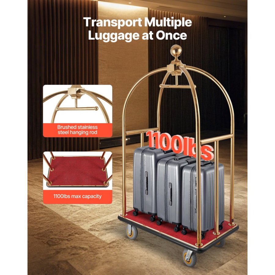 VEVOR Hotel Luggage Cart, 1100 LBS Load Capacity, Brushed Stainless Steel Bellman's Cart Curved Uprights, Valet Cart with Red Carpeted Deck and 6-inch Rubber Wheels, Ideal for Hotels, Condos, Resorts
