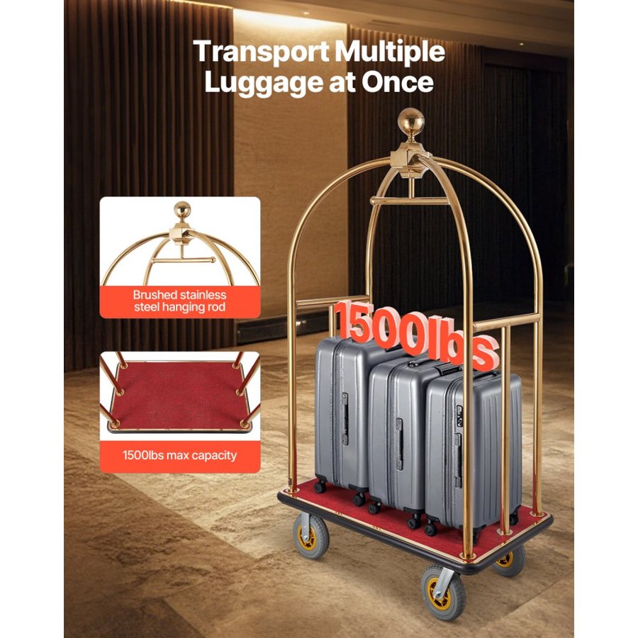 VEVOR Hotel Luggage Cart, 1500 LBS Load Capacity, Brushed Stainless Steel Bellman's Cart Curved Uprights, Valet Cart with Red Carpeted Deck and 8-inch Rubber Wheels, Ideal for Hotels, Condos, Resorts