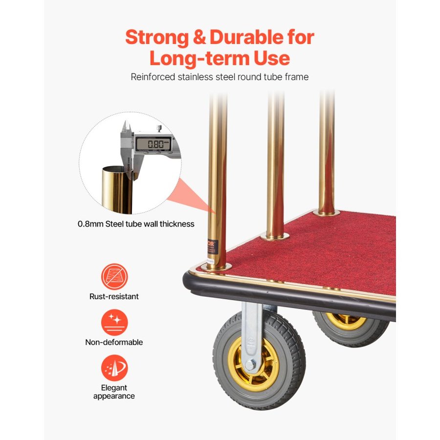 VEVOR Hotel Luggage Cart, 1500 LBS Load Capacity, Brushed Stainless Steel Bellman's Cart Curved Uprights, Valet Cart with Red Carpeted Deck and 8-inch Rubber Wheels, Ideal for Hotels, Condos, Resorts