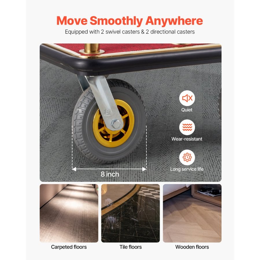VEVOR Hotel Luggage Cart, 1500 LBS Load Capacity, Brushed Stainless Steel Bellman's Cart Curved Uprights, Valet Cart with Red Carpeted Deck and 8-inch Rubber Wheels, Ideal for Hotels, Condos, Resorts