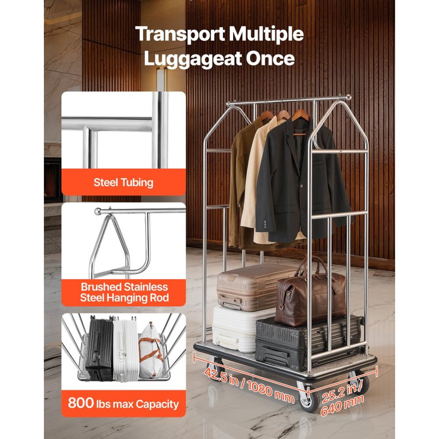 VEVOR Bellman Luggage Cart – 800 lbs, 42.5 x 25 x 71 Inches