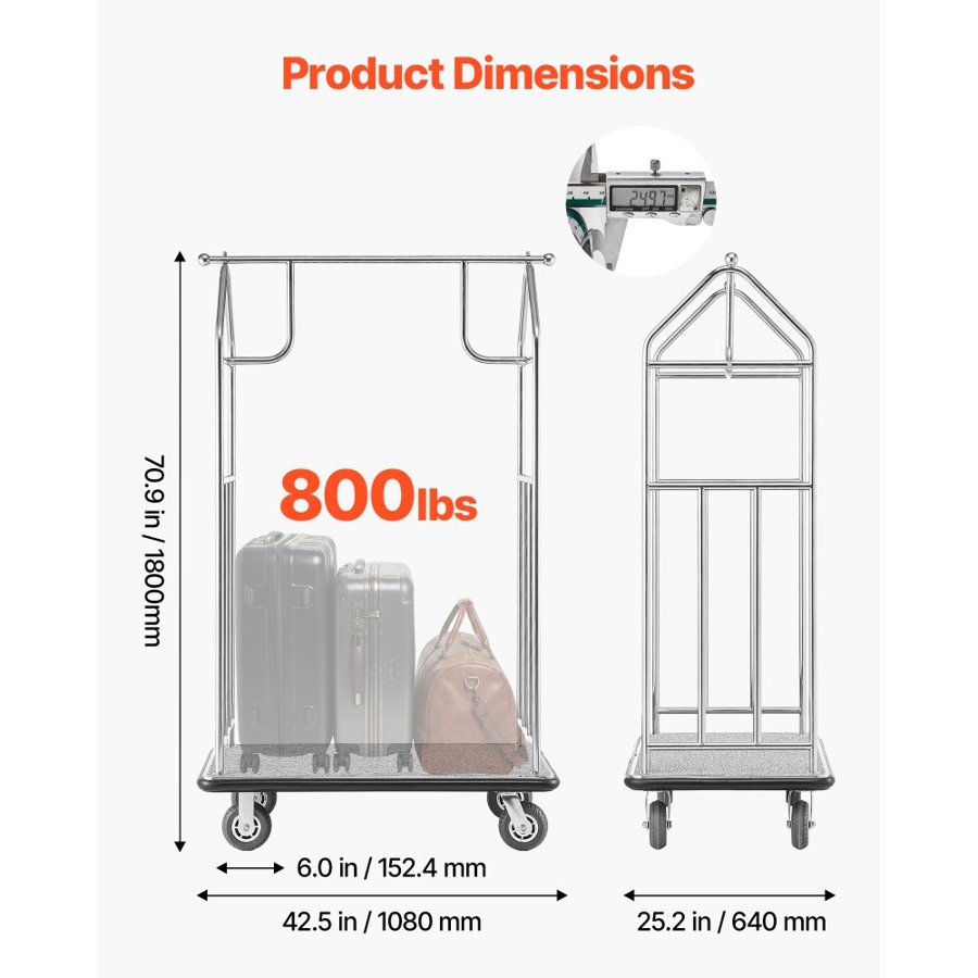 VEVOR Bellman Luggage Cart – 800 lbs, 42.5 x 25 x 71 Inches