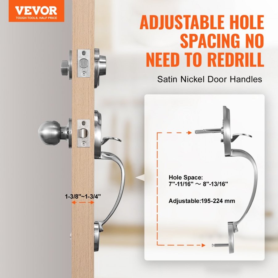 VEVOR Front Door Handle and Deadbolt Set, Satin Nickel Front Door Lock Set with Interior Knob, Adjustable Hole Spacing Single Cylinder Handleset, for Right and Left Handed Entrance and Front Door