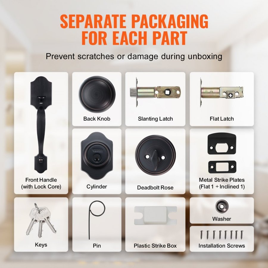 VEVOR Front Door Handle and Deadbolt Set, Front Door Lock Set with Interior Knob, Adjustable Hole Spacing Single Cylinder Handleset, for Right and Left Handed Entrance, Brushed Oil Rubbed Bronze