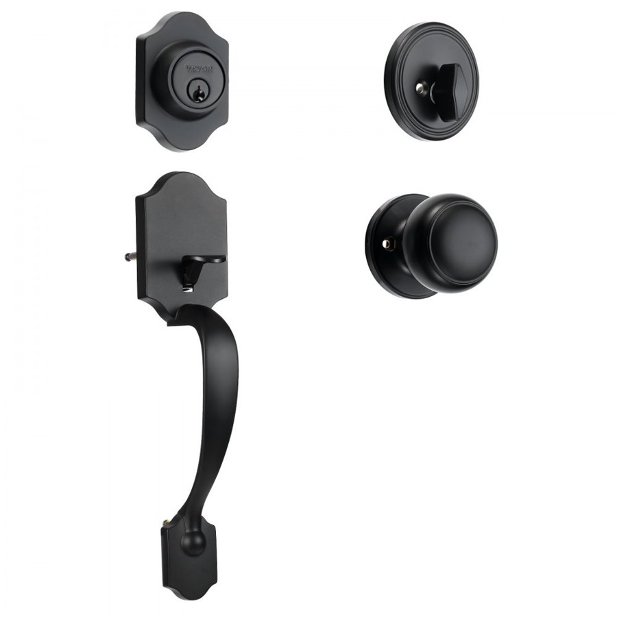 VEVOR Front Door Handle and Deadbolt Set, Matte Black Front Door Lock Set with Interior Knob,  Adjustable Hole Spacing Single Cylinder Handleset, for Right and Left Handed Entrance and Front Door