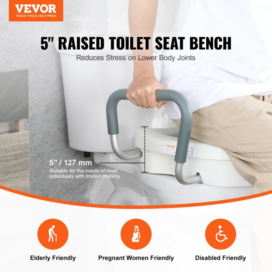 VEVOR Raised Toilet Seat 5" (12.7 cm) Height Raised 350 lbs/158.8 kg for Round and Elongated Toilet
