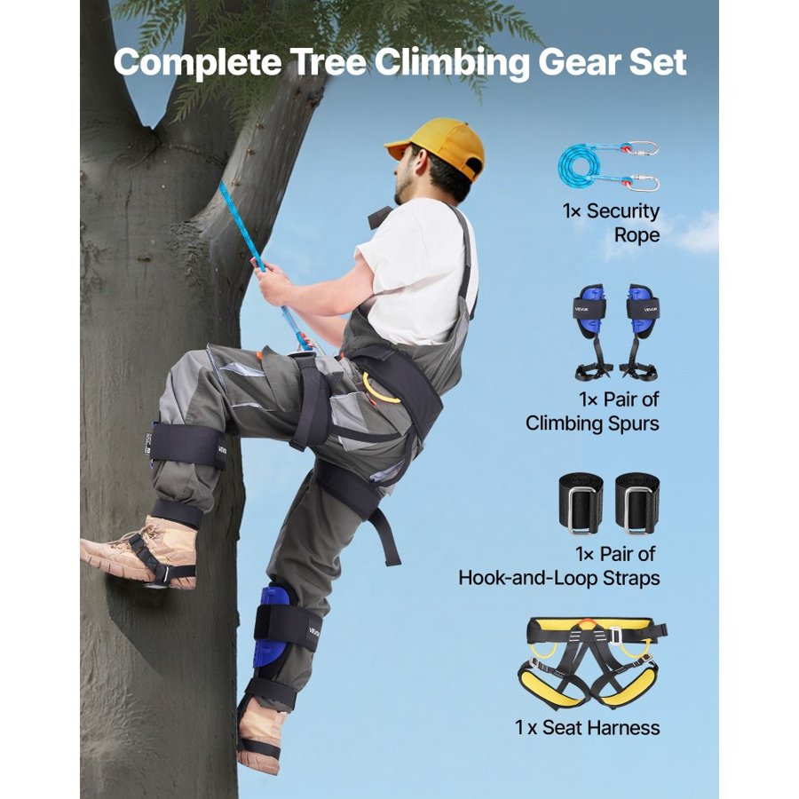 VEVOR Tree Climbing Spikes Set, Height-Adjustable Tree Climbing Gear with Straps & Harness, 159 kg Load Capacity, Heavy Duty Steel Climb Spurs Arborist Equipment for Fruit Picking Hunting
