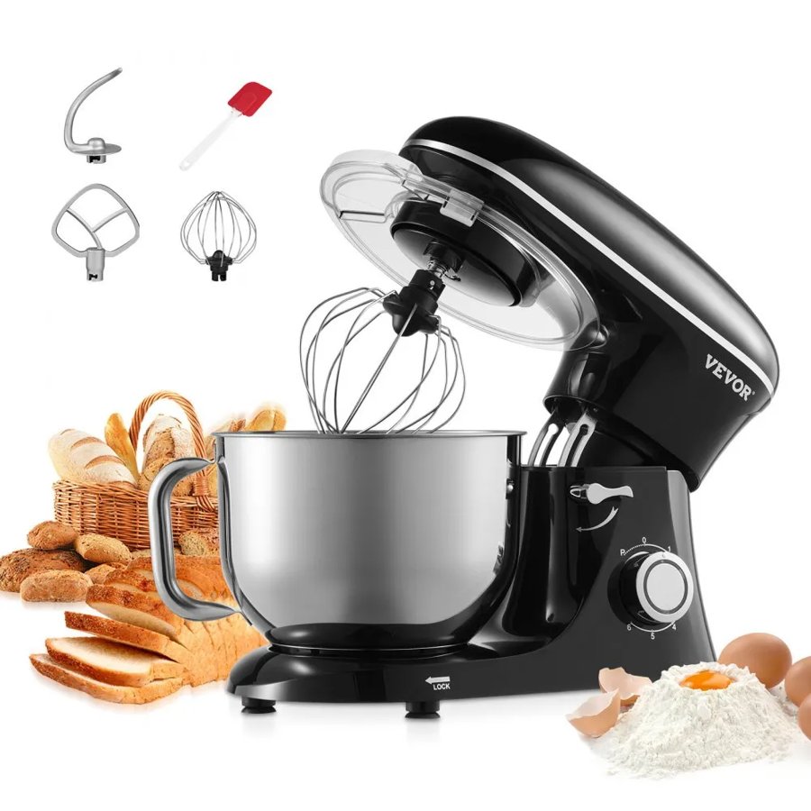 VEVOR Stand Mixer, 6 QT Dough Mixer, 1400W 6 + P Speeds Tilt-head Food Mixer with Stainless Steel Bowl, Dough Hook, Wire Whip, Flat Beater, Scraper,Household Stand Mixer for Baking, Mixing, Black