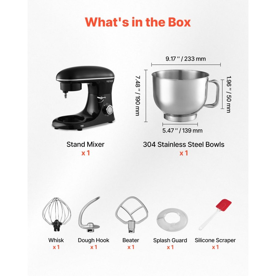 VEVOR Stand Mixer, 6 QT Dough Mixer, 1400W 6 + P Speeds Tilt-head Food Mixer with Stainless Steel Bowl, Dough Hook, Wire Whip, Flat Beater, Scraper,Household Stand Mixer for Baking, Mixing, Black