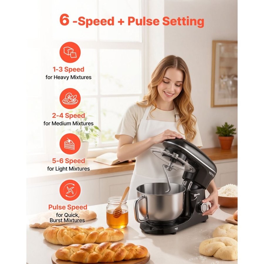 VEVOR Stand Mixer, 6 QT Dough Mixer, 1400W 6 + P Speeds Tilt-head Food Mixer with Stainless Steel Bowl, Dough Hook, Wire Whip, Flat Beater, Scraper,Household Stand Mixer for Baking, Mixing, Black