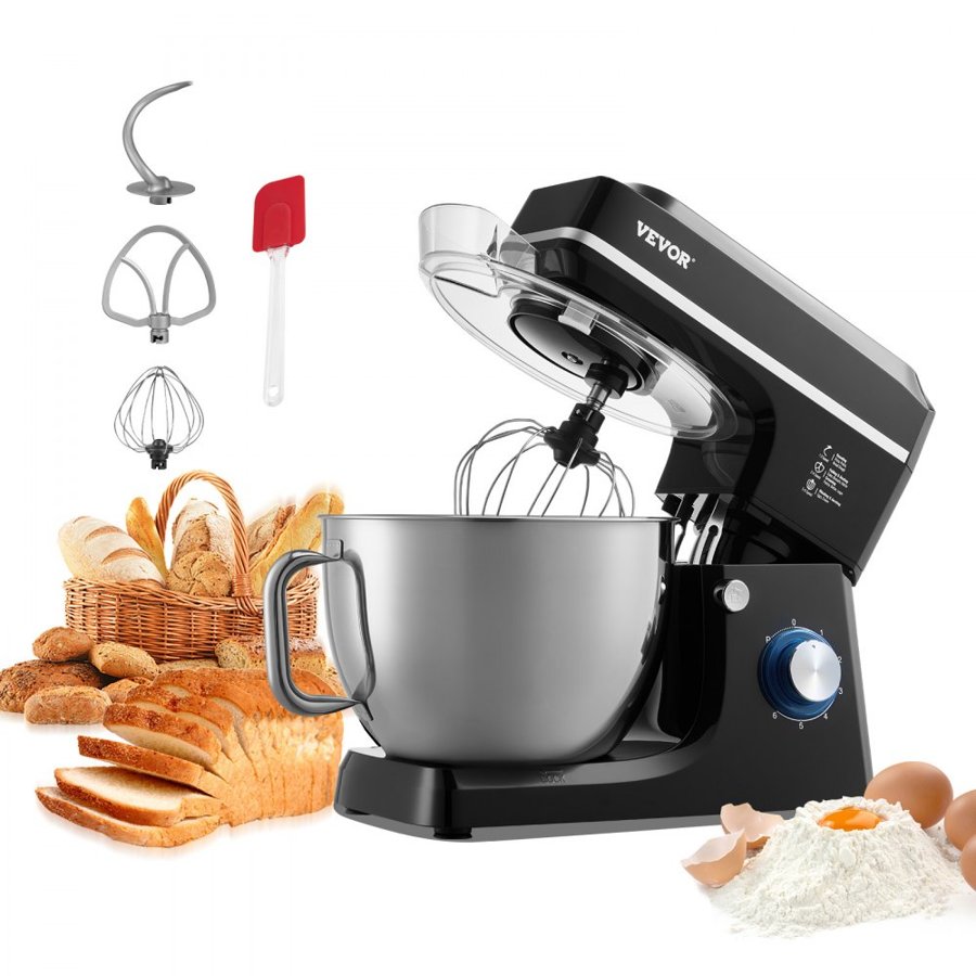 VEVOR Stand Mixer, 8.3QT Dough Mixer, 1400W 6+P Speeds Tilt-head Food Mixer with Stainless Steel Bowl, Dough Hook, Wire Whip, Flat Beater, Scraper, Household Stand Mixer for Baking & Mixing, Black