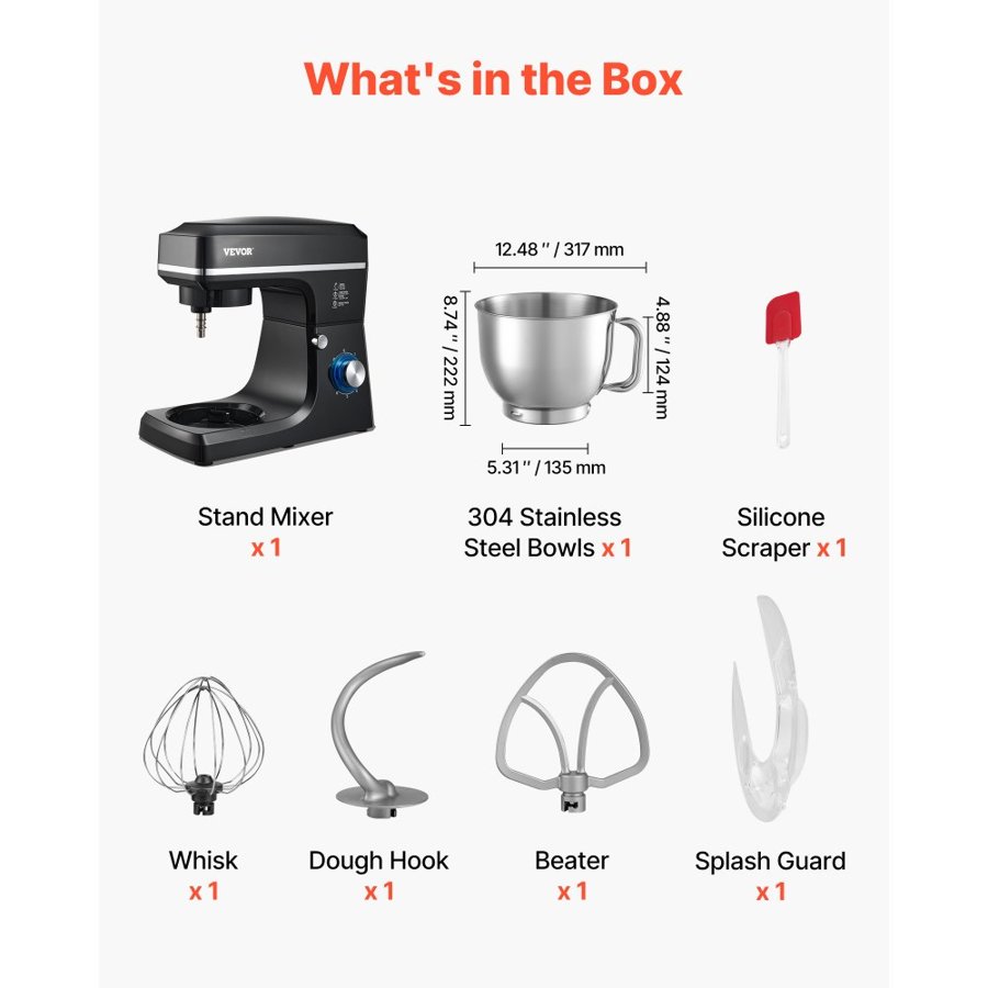 VEVOR Stand Mixer, 8.3QT Dough Mixer, 1400W 6+P Speeds Tilt-head Food Mixer with Stainless Steel Bowl, Dough Hook, Wire Whip, Flat Beater, Scraper, Household Stand Mixer for Baking & Mixing, Black