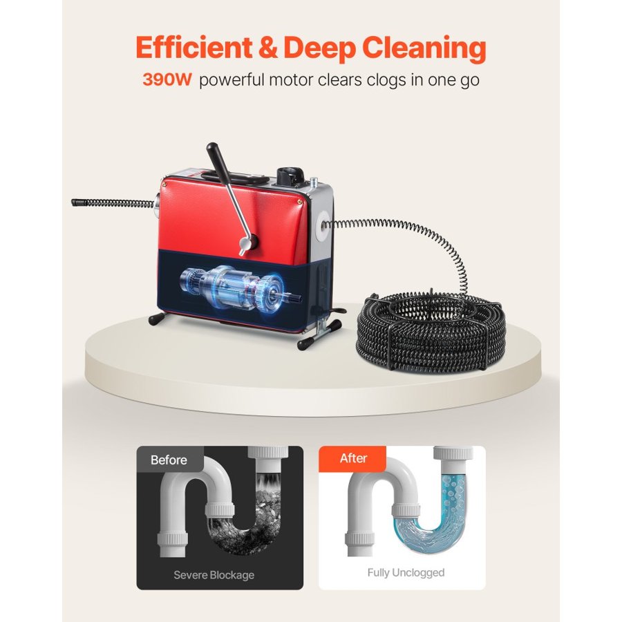 VEVOR Drain Cleaner Machine, 390W 1400RPM Electric Pipe Drain Cleaning Machine Sewer Snake with 12m x 16mm, 4.5m x 16mm & 8m x 9.5mm Steel Spring Cable and 6 Cutters, Fit 50-110 mm Diameter Pipes