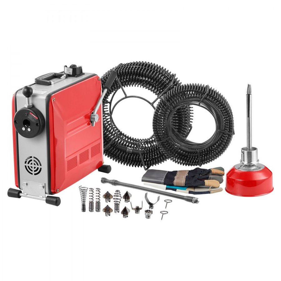 VEVOR Drain Cleaner Machine, 850W Electric Pipe Drain Cleaning Machine Sewer Snake with 14.5m x 16mm, 14m x 22mm, 5m x 9.5mm, 0.4m x 12mm Steel Spring Cable & 11 Cutters, Fit 50-200 mm Diameter Pipes