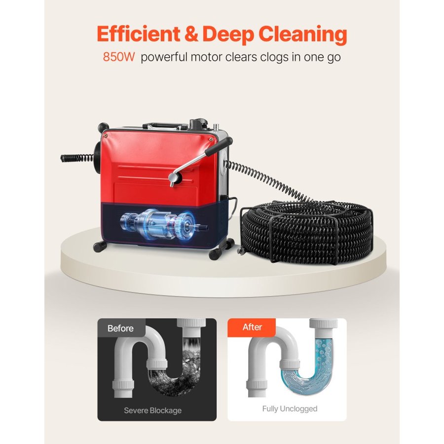 VEVOR Drain Cleaner Machine, 850W Electric Pipe Drain Cleaning Machine Sewer Snake with 14.5m x 16mm, 14m x 22mm, 5m x 9.5mm, 0.4m x 12mm Steel Spring Cable & 11 Cutters, Fit 50-200 mm Diameter Pipes