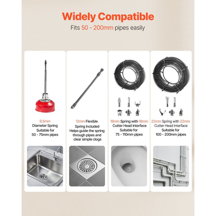 VEVOR Drain Cleaner Machine, 850W Electric Pipe Drain Cleaning Machine Sewer Snake with 14.5m x 16mm, 14m x 22mm, 5m x 9.5mm, 0.4m x 12mm Steel Spring Cable & 11 Cutters, Fit 50-200 mm Diameter Pipes