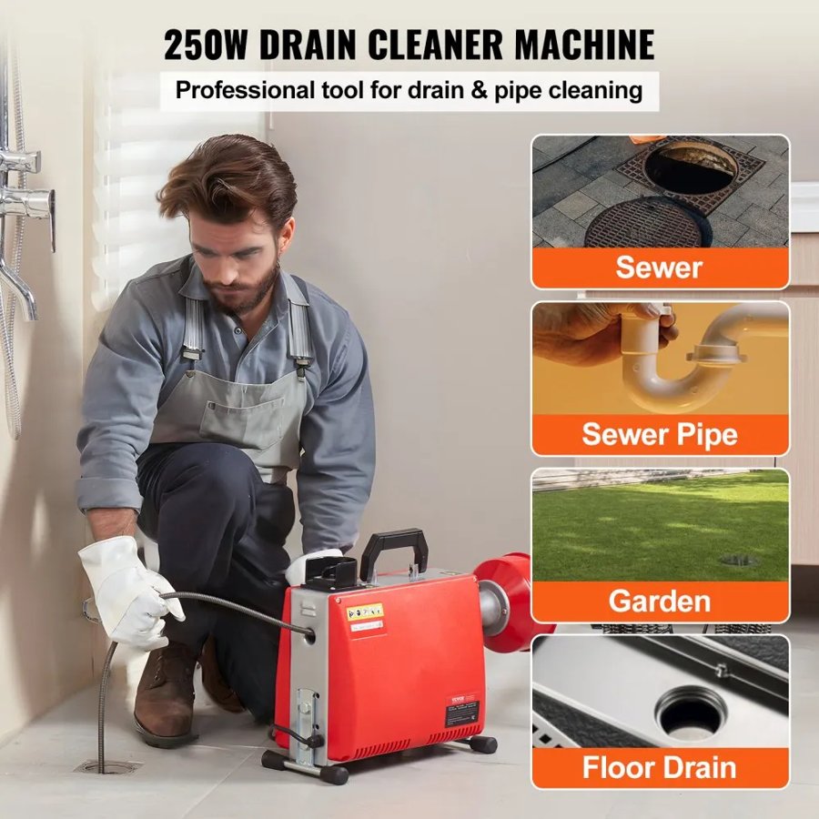 VEVOR Drain Cleaner Machine 20m x 16mm 250W Sewer Snake Auger Manual Feed