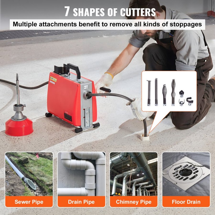 VEVOR Drain Cleaner Machine 20m x 16mm 250W Sewer Snake Auger Manual Feed