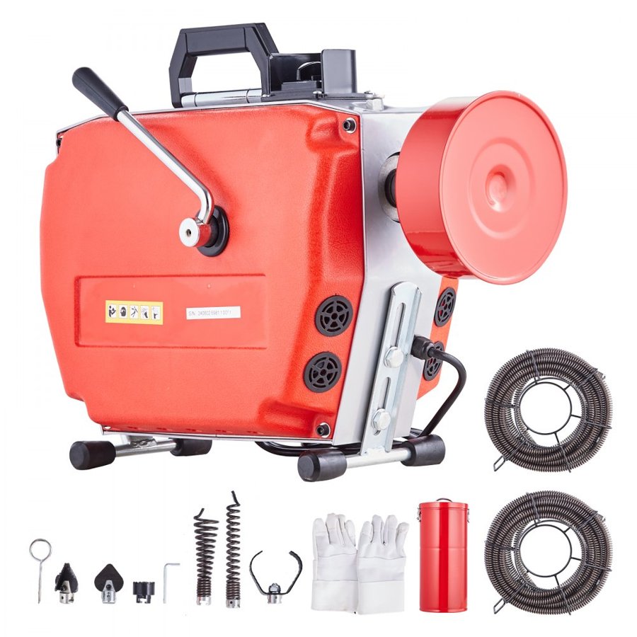 VEVOR 120FT x 7/8 Inch Drain Cleaner Machine, 420W Electric Sewer Snake Auger Manual Feed - with 6 Cutters, 2 Steel Cables (120' x 7/8" and 18' x 3/8") & CW/CCW Control for 1.9" to 6" Pipes