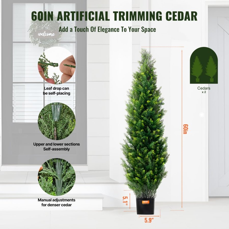 VEVOR 2 Pack 152.4 cm Artificial Cedar Topiary Tree Faux Plant UV Decor In/Outdoor