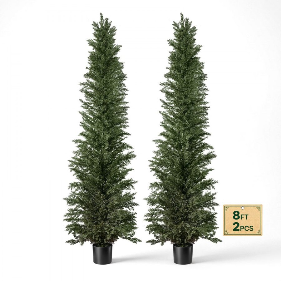 VEVOR Artificial Topiary Cedar Tree 2438mm Set of 2 with Pot Greenery Decor, Premium PE Fake Trees, Year-Round Indoor & Outdoor Faux Green Plant for Front Door, Entryway, Porch, Balcony, Patio, Garden