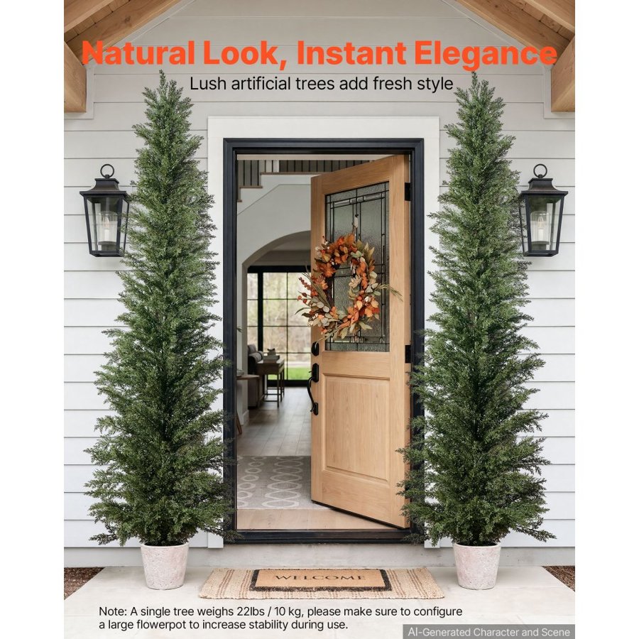 VEVOR Artificial Topiary Cedar Tree 2438mm Set of 2 with Pot Greenery Decor, Premium PE Fake Trees, Year-Round Indoor & Outdoor Faux Green Plant for Front Door, Entryway, Porch, Balcony, Patio, Garden