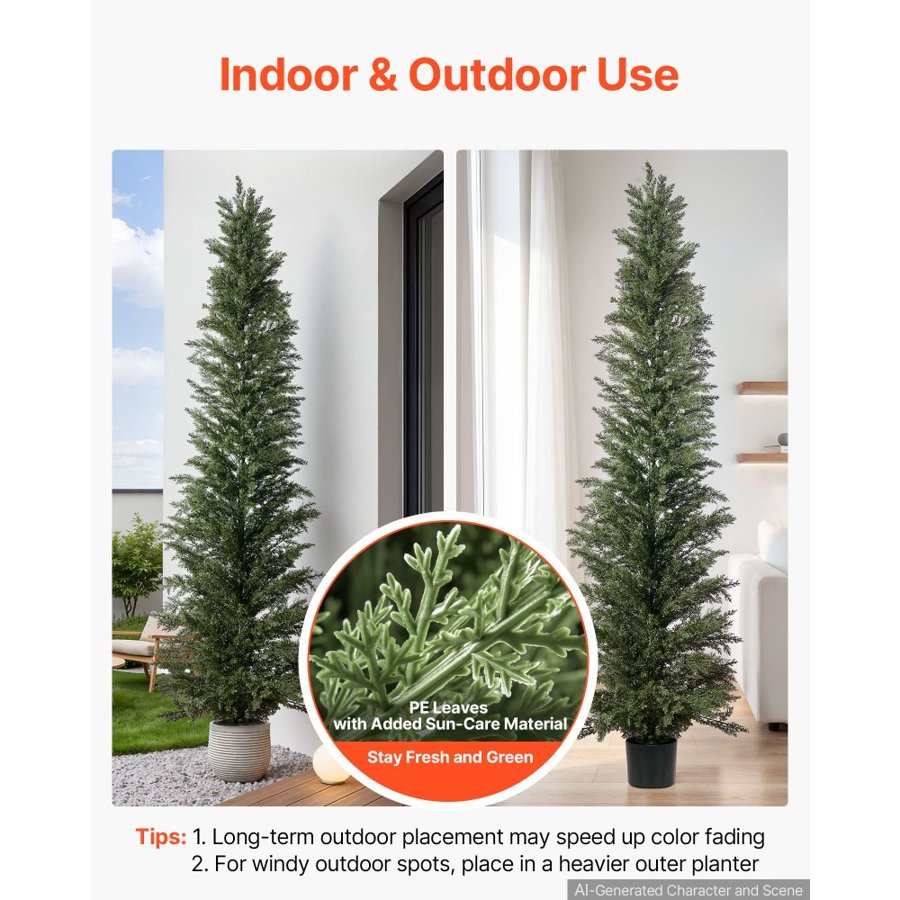 VEVOR Artificial Topiary Cedar Tree 2438mm Set of 2 with Pot Greenery Decor, Premium PE Fake Trees, Year-Round Indoor & Outdoor Faux Green Plant for Front Door, Entryway, Porch, Balcony, Patio, Garden