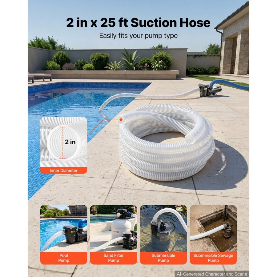 VEVOR Suction Hose 2" x 7.6 m Heavy Duty PVC Suction Pump Hose Assembly, for Swimming Pools Trash Pump, Water Transfer, High Pressure Resistance, Weather-Proof & Burst-Resistant, with Clamps, White