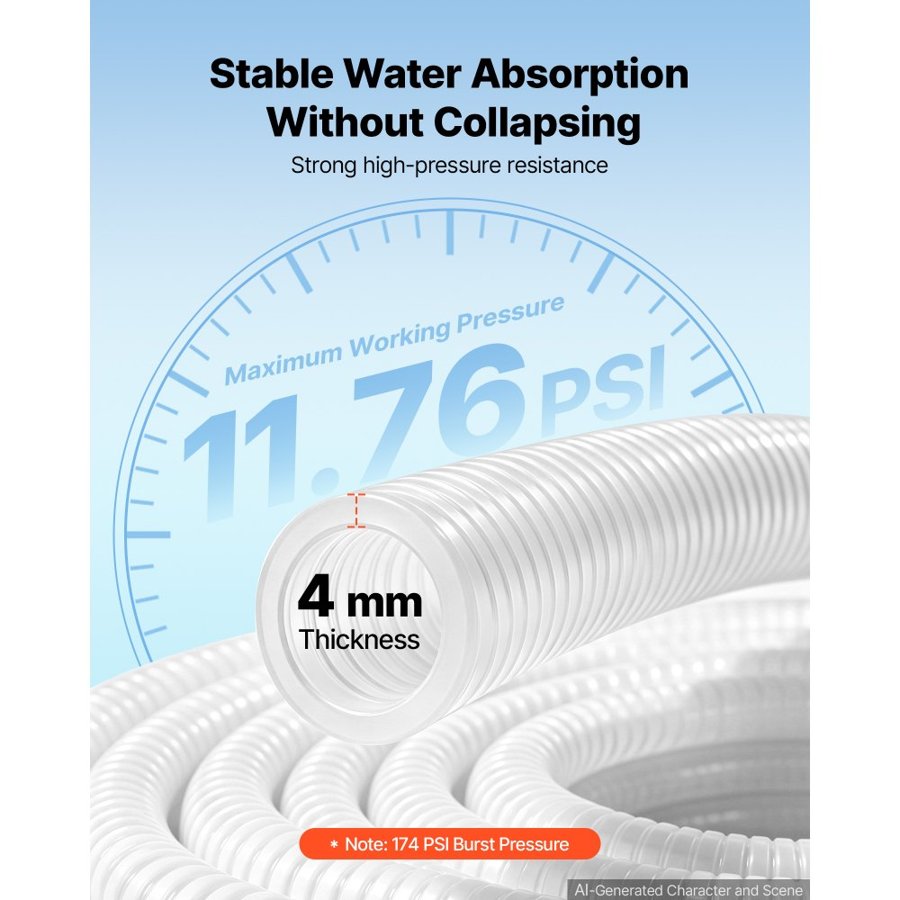 VEVOR Suction Hose 2" x 7.6 m Heavy Duty PVC Suction Pump Hose Assembly, for Swimming Pools Trash Pump, Water Transfer, High Pressure Resistance, Weather-Proof & Burst-Resistant, with Clamps, White