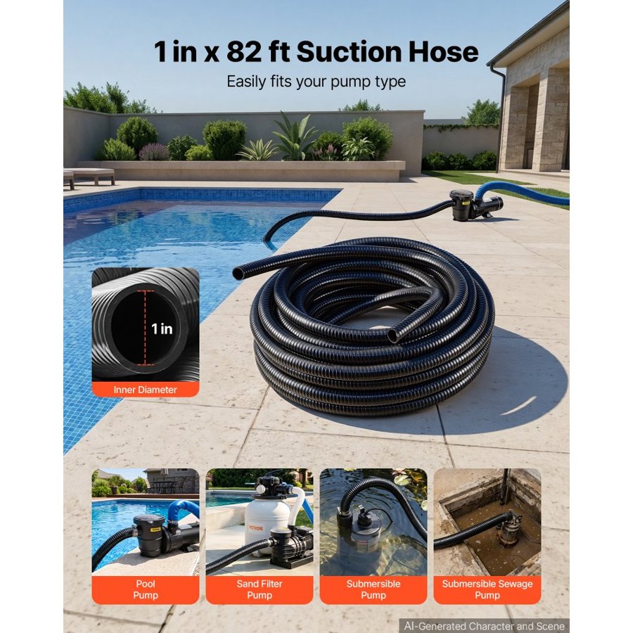 VEVOR Suction Hose 25 mm x 25 m Heavy Duty PVC Suction Pump Hose Assembly, for Swimming Pools Trash Pump, Water Transfer, High Pressure Resistance, Weather-Proof & Burst-Resistant, with Clamps, Black