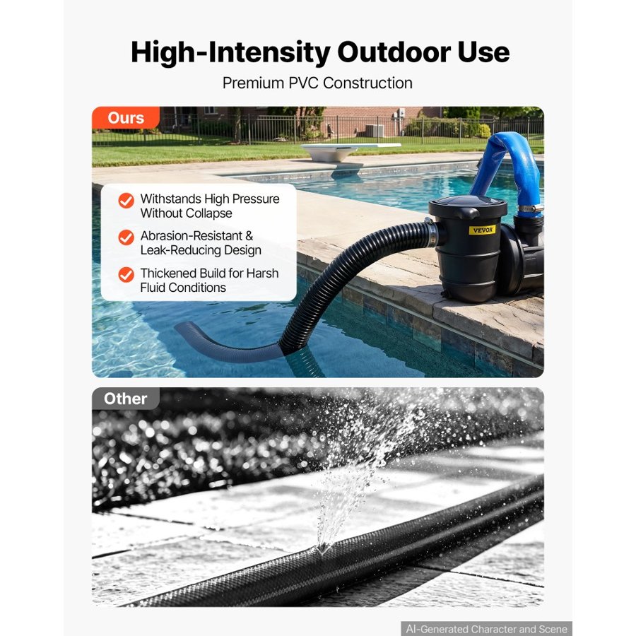 VEVOR Suction Hose 25 mm x 25 m Heavy Duty PVC Suction Pump Hose Assembly, for Swimming Pools Trash Pump, Water Transfer, High Pressure Resistance, Weather-Proof & Burst-Resistant, with Clamps, Black