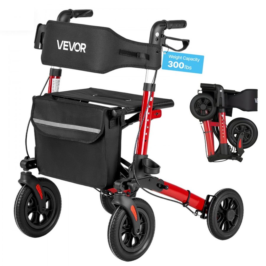 VEVOR Rollator Walker with Seat for Seniors, Ultra Compact 3-Fold Rolling Walker, Lightweight Aluminum Mobility Walking Aid with PU Solid Wheels, Adjustable Handle, Cup & Cane Holder - Supports 136kg