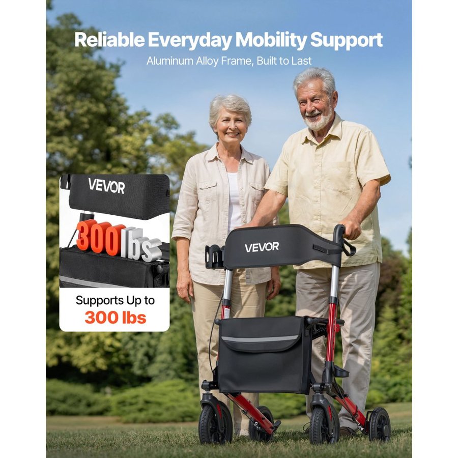 VEVOR Rollator Walker with Seat for Seniors, Ultra Compact 3-Fold Rolling Walker, Lightweight Aluminum Mobility Walking Aid with PU Solid Wheels, Adjustable Handle, Cup & Cane Holder - Supports 136kg