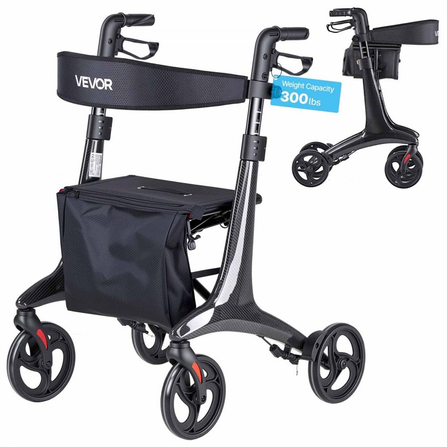 VEVOR Rollator Walker with Seat for Seniors, Foldable Lightweight Rolling Walker, Carbon Fiber Mobility Walking Aid with 8" Solid PVC Wheels and Adjustable Handle - Supports up to 136kg
