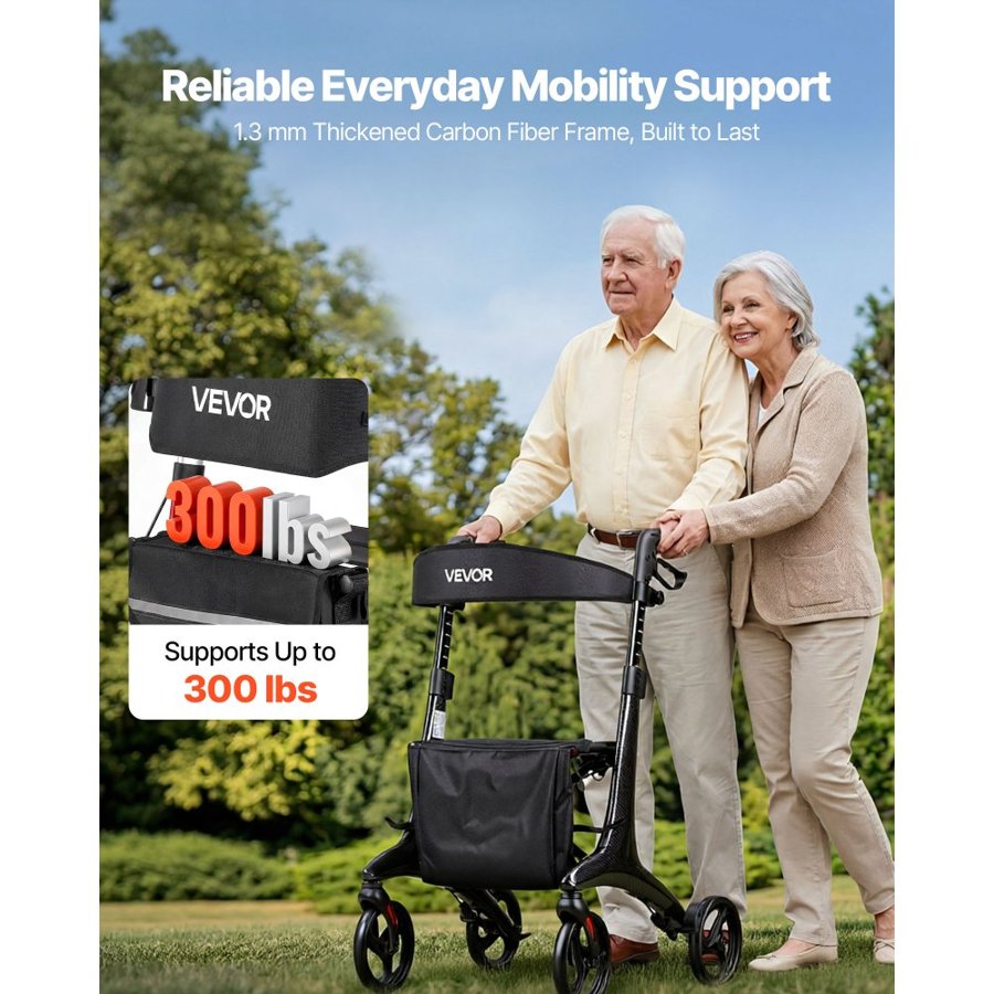 VEVOR Rollator Walker with Seat for Seniors, Foldable Lightweight Rolling Walker, Carbon Fiber Mobility Walking Aid with 8" Solid PVC Wheels and Adjustable Handle - Supports up to 136kg