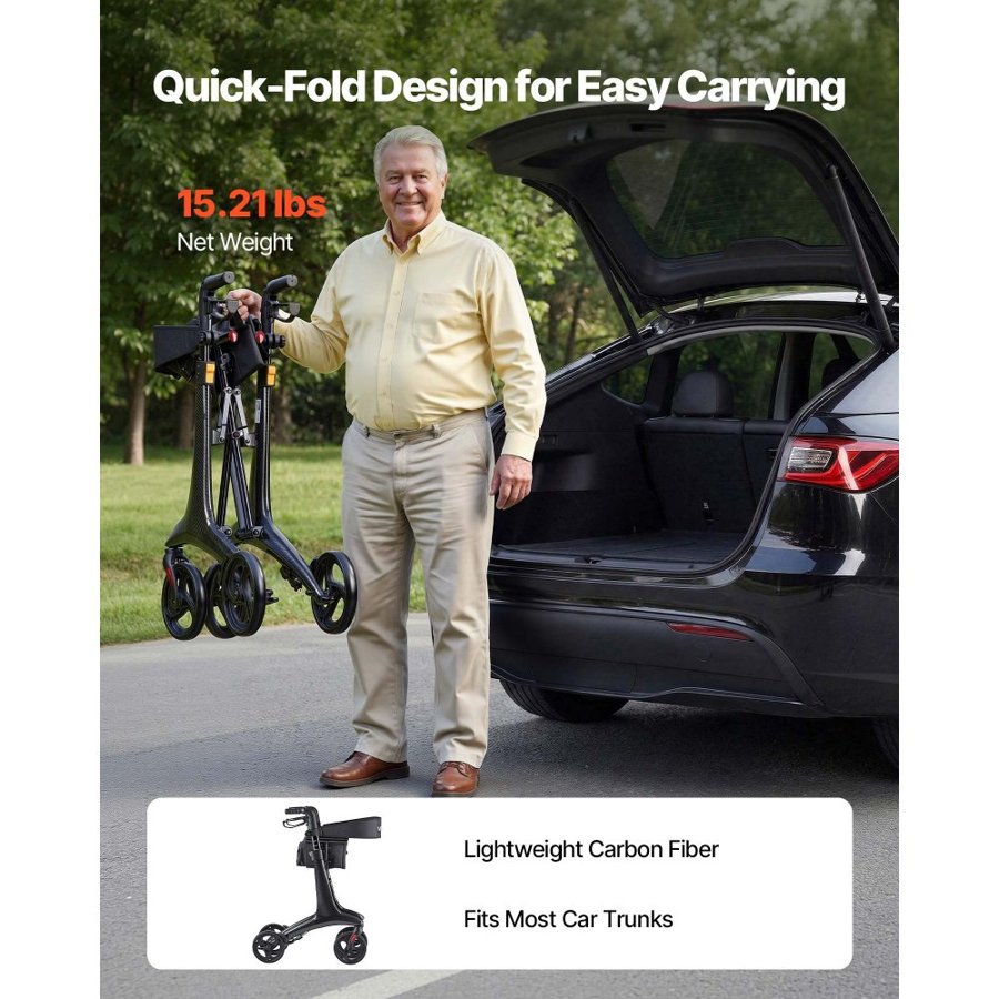 VEVOR Rollator Walker with Seat for Seniors, Foldable Lightweight Rolling Walker, Carbon Fiber Mobility Walking Aid with 8" Solid PVC Wheels and Adjustable Handle - Supports up to 136kg