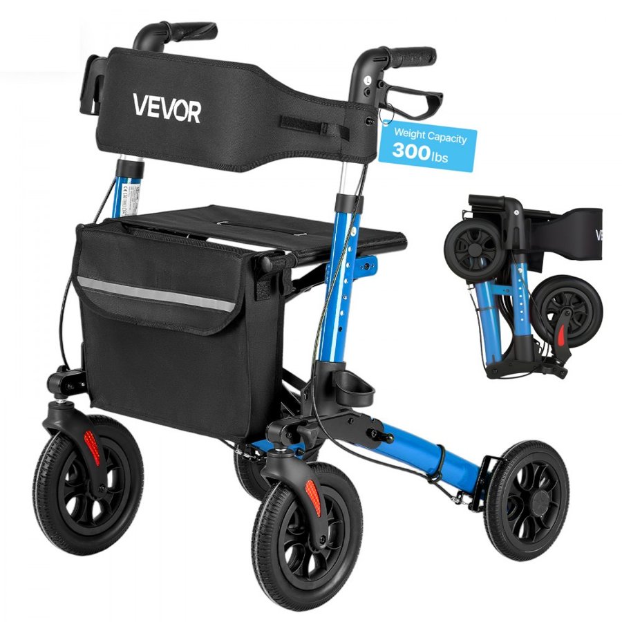 VEVOR Rollator Walker with Seat for Seniors, Ultra Compact 3-Fold Rolling Walker, Lightweight Aluminum Mobility Walking Aid with PU Solid Wheels, Adjustable Handle, Cup & Cane Holder - Supports 136kg