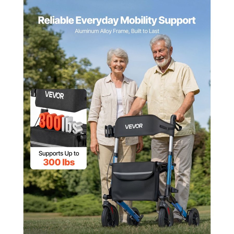 VEVOR Rollator Walker with Seat for Seniors, Ultra Compact 3-Fold Rolling Walker, Lightweight Aluminum Mobility Walking Aid with PU Solid Wheels, Adjustable Handle, Cup & Cane Holder - Supports 136kg