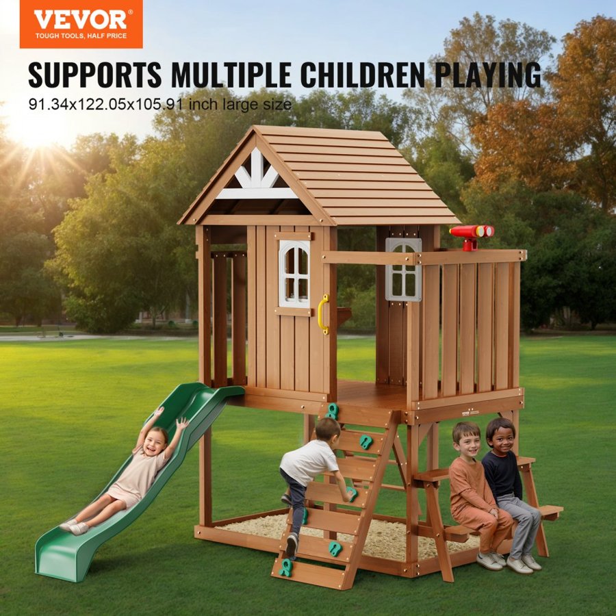 VEVOR Wooden Playhouse with Slide – 91 × 122 × 106 in.