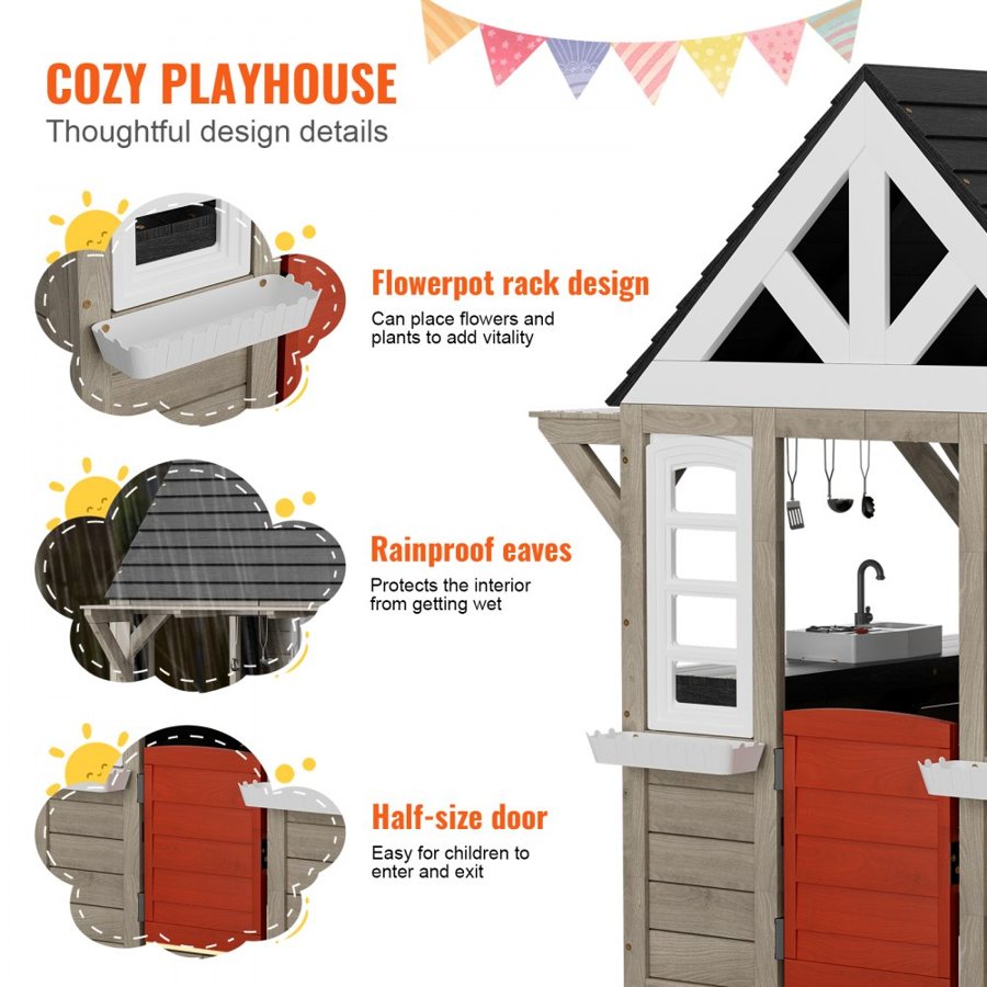 VEVOR Outdoor Wooden Playhouse, Modern Cedar Playhouse for Age 2-10 Years Kids, Garden Games Cottage, Country Style Cedar Playhouse with Working Door, Window, Flower Pot Holder, Grill, Stove, and Sink