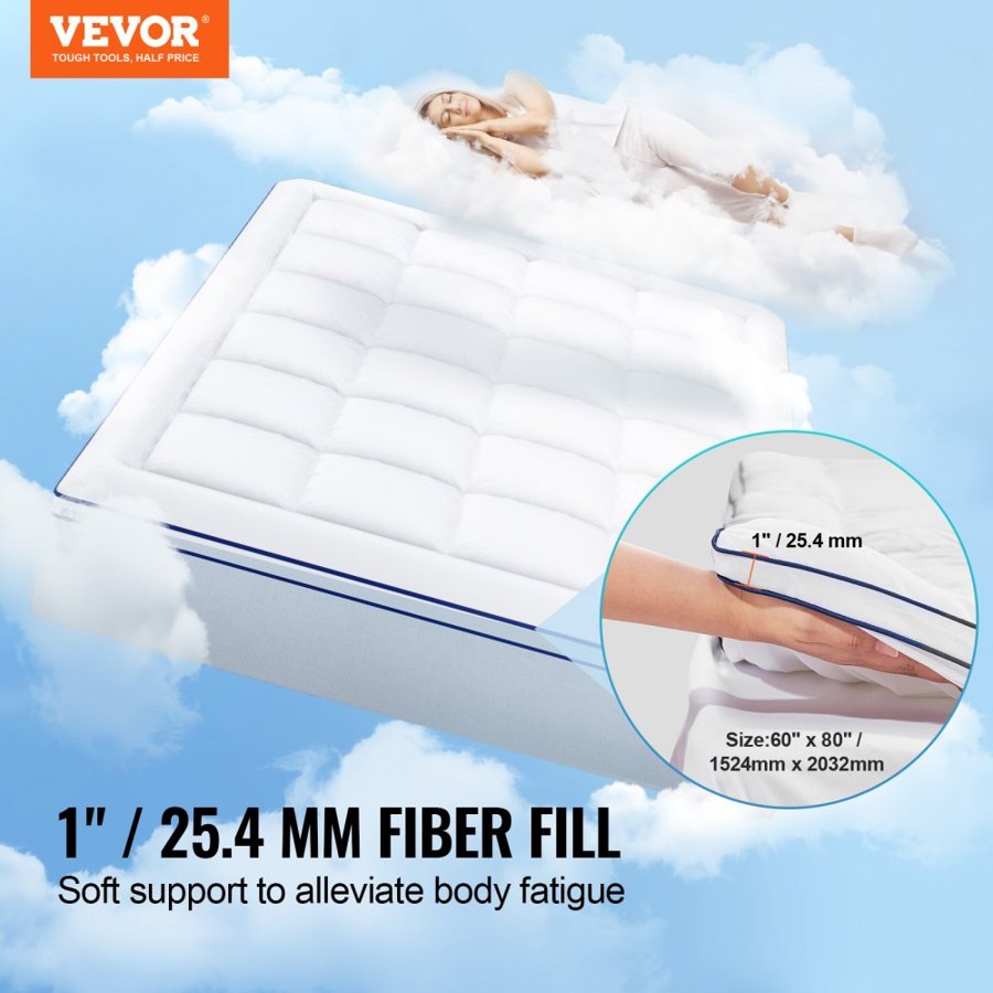 VEVOR Mattress Topper Fiber Fill Detachable & Washable Queen 25.4 mm Thickness 1524x2032 mm
