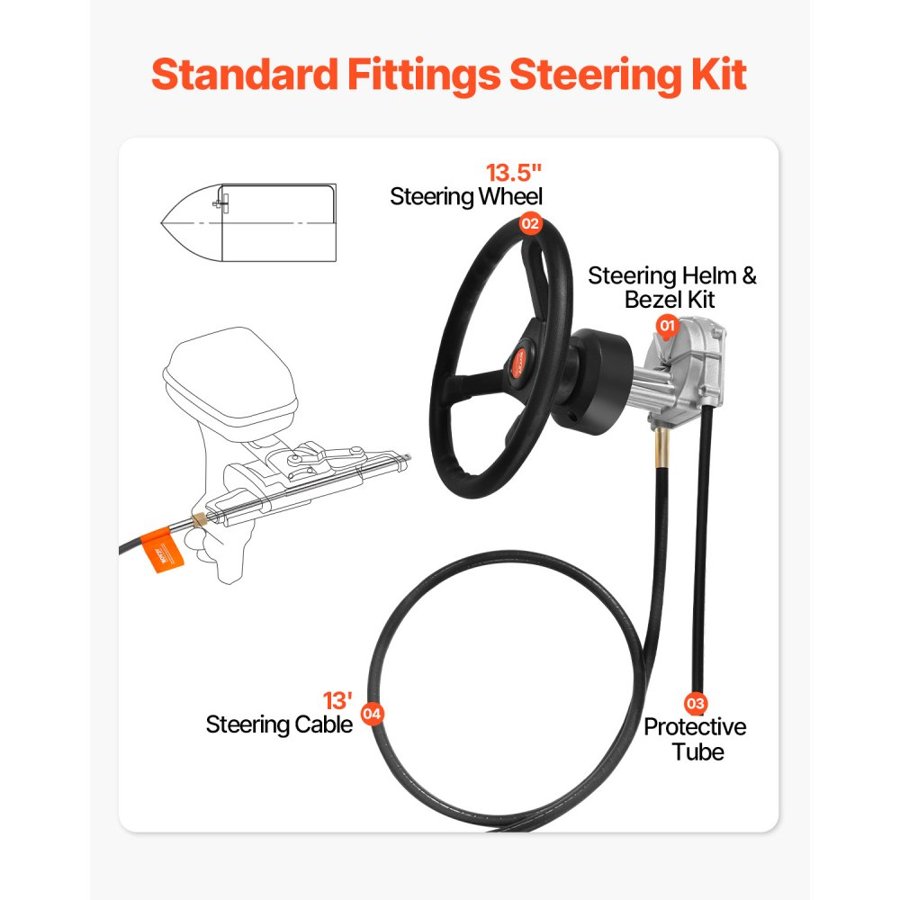 VEVOR Outboard Steering System 13\' Outboard Rotary Steering System 13 Feet Boat Steering Cable with 13\" Wheel Durable Marine Steering System