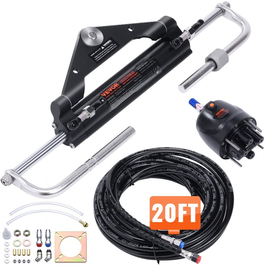 VEVOR Hydraulic Outboard Steering Kit, 112 kW(150HP), Marine Boat Hydraulic Steering System, with Helm Pump Two-Way Lock Cylinder and 6.1 m(20 Feet) Hydraulic Steering Hose, for Single Station Single-Engine Boats