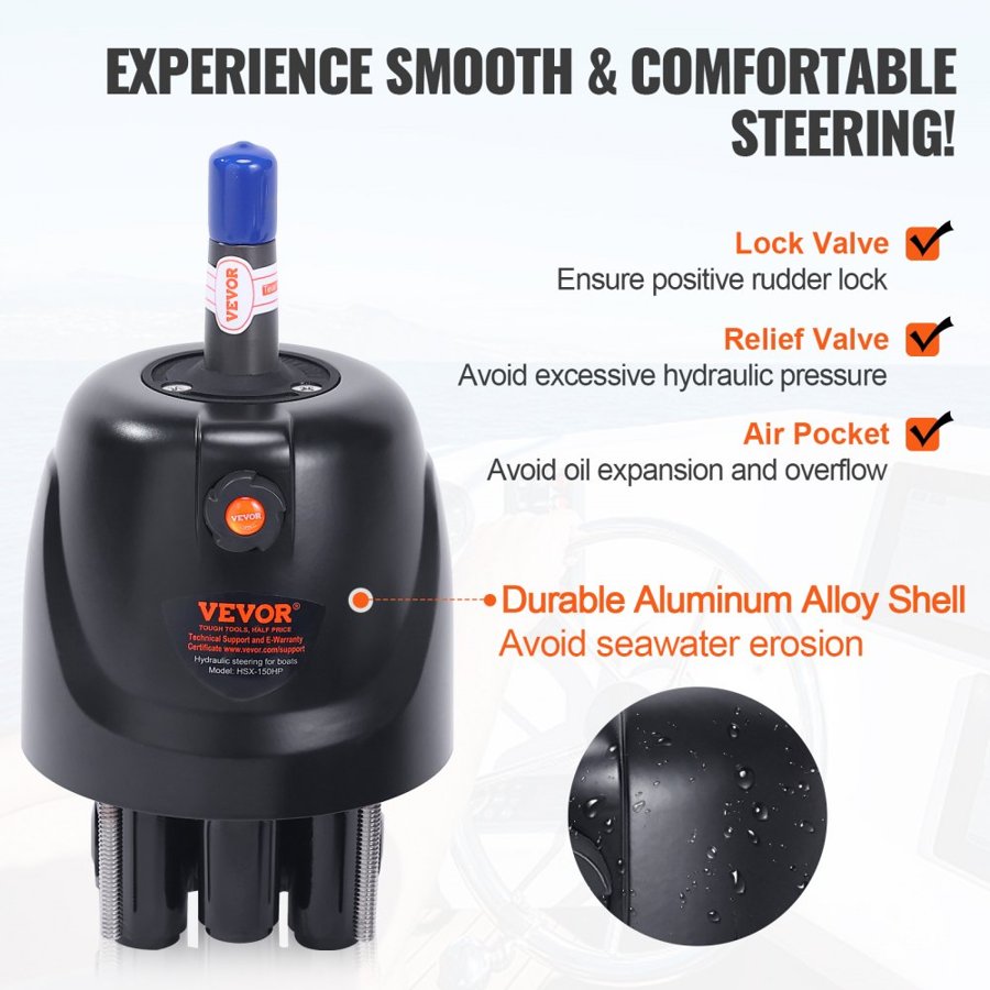 VEVOR Hydraulic Outboard Steering Kit, 112 kW(150HP), Marine Boat Hydraulic Steering System, with Helm Pump Two-Way Lock Cylinder and 6.1 m(20 Feet) Hydraulic Steering Hose, for Single Station Single-Engine Boats