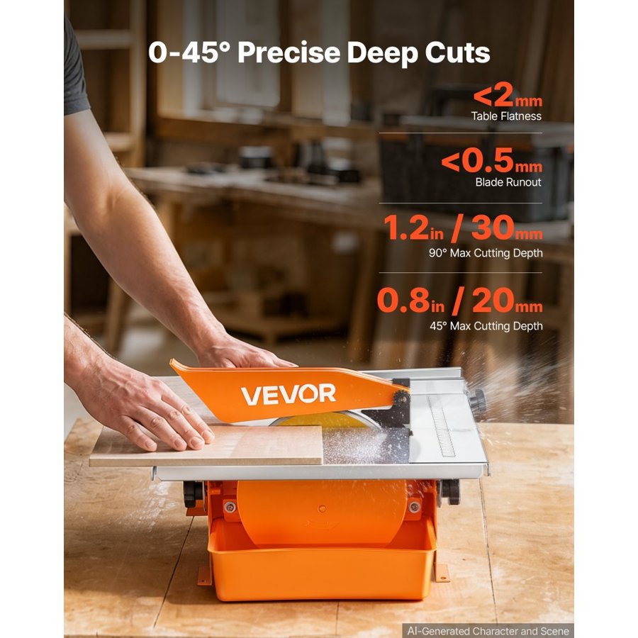 VEVOR Wet Tile Saw 180 mm 65Mn Steel Blade 3000 RPM Tile Cutter Wet Saw, for Cutting Tiles and Stones, 0-45° Adjustable Bevel Cut, Powerful Motor, Detachable Water Reservoir, for DIY Enthusiasts
