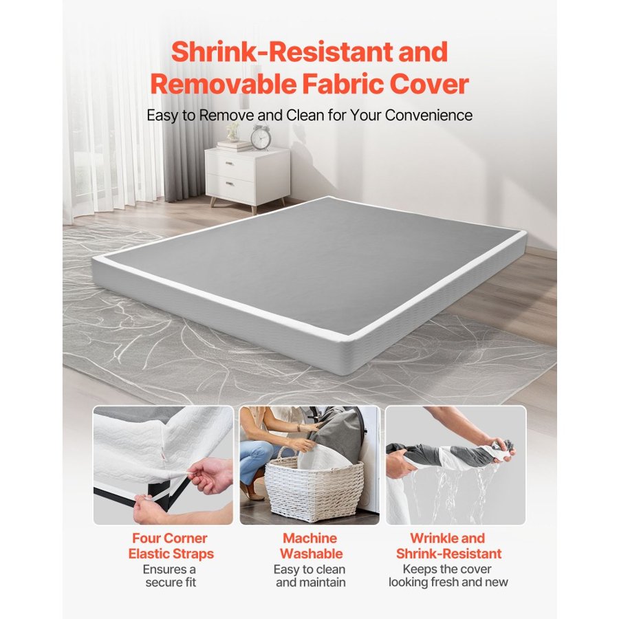 VEVOR Box Spring, Queen Size Bed Frame with Washable Fabric Cloth, Heavy Duty Metal Frame for Queen Bed, 102 mm Mattress Foundation, 1587.57 kg Max Weight Capacity, Easy Assembly, 2010 x 1510 x 102 mm