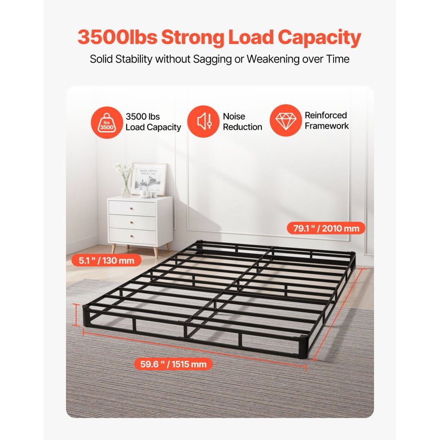 VEVOR Box Spring, Queen Size Bed Frame with Washable Fabric Cloth, Heavy Duty Metal Frame for Queen Bed, 130 mm Mattress Foundation, 1587.57 kg Max Weight Capacity, Easy Assembly, 2010 x 1515 x 130 mm