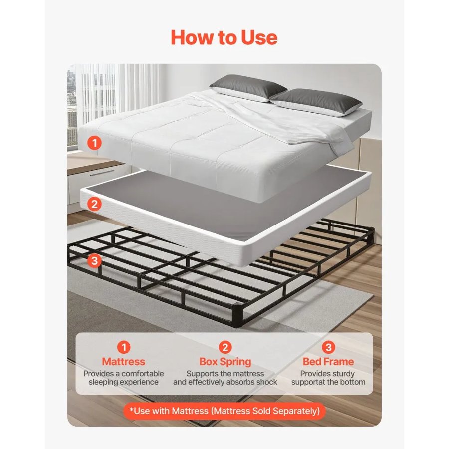 VEVOR Box Spring, Queen Size Bed Frame with Washable Fabric Cloth, Heavy Duty Metal Frame for Queen Bed, 130 mm Mattress Foundation, 1587.57 kg Max Weight Capacity, Easy Assembly, 2010 x 1515 x 130 mm