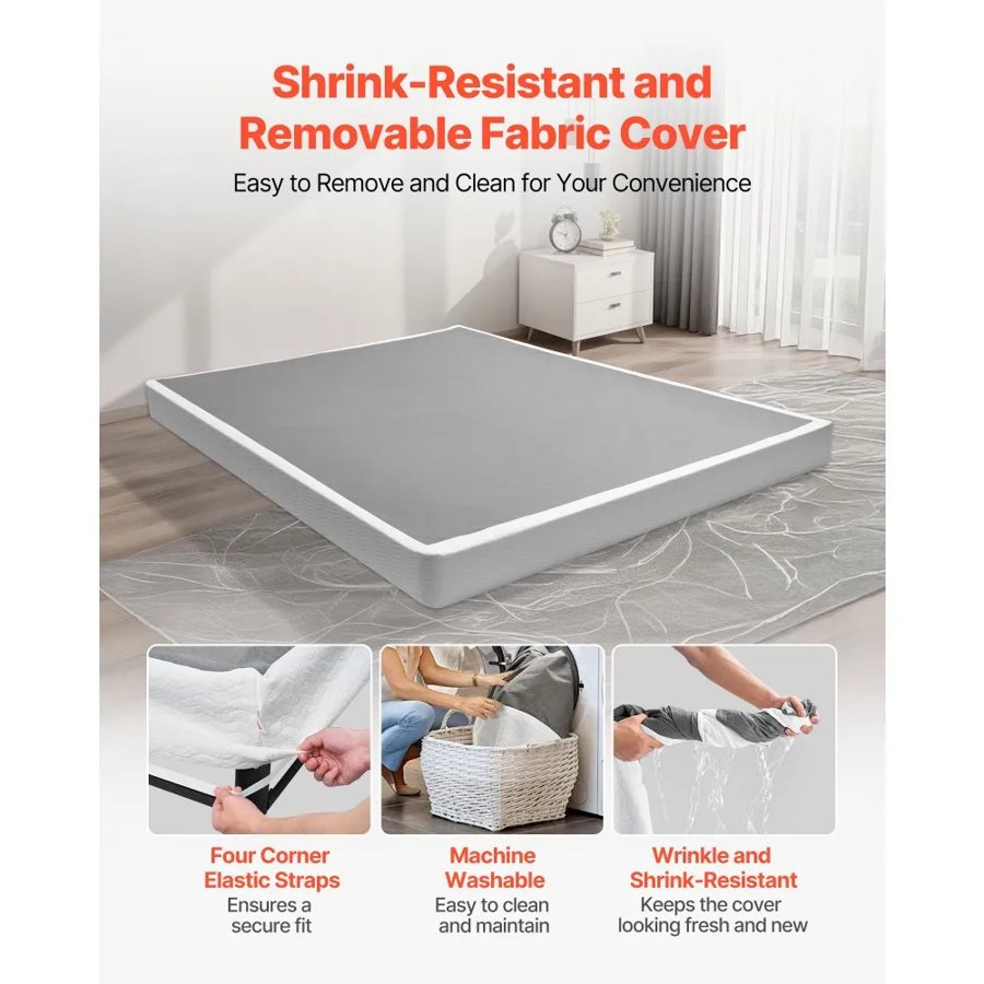 VEVOR Box Spring, Queen Size Bed Frame with Washable Fabric Cloth, Heavy Duty Metal Frame for Queen Bed, 130 mm Mattress Foundation, 1587.57 kg Max Weight Capacity, Easy Assembly, 2010 x 1515 x 130 mm